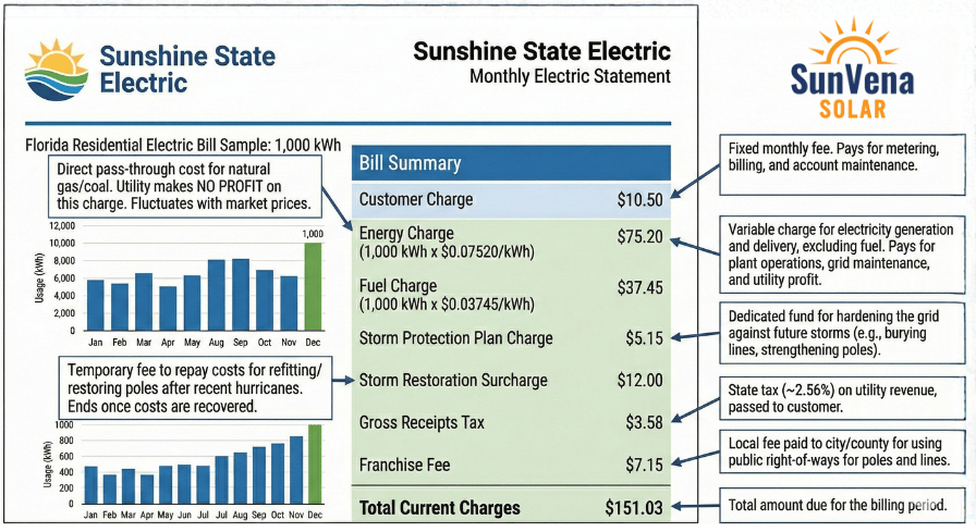 Example of an electric bill in Florida with an explination of each line item charge.